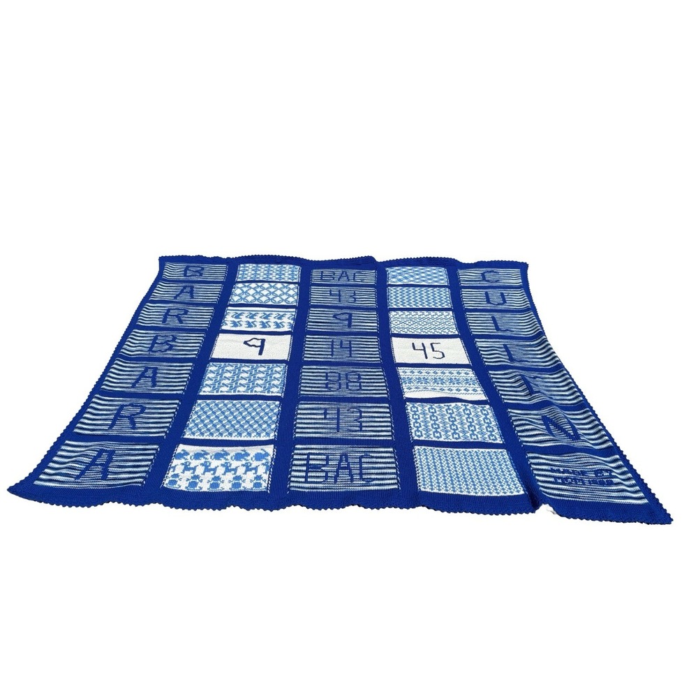 Vintage Hand Knit Crochet Afghan Throw Blue White Pattern‎ Letters Numbers 1988